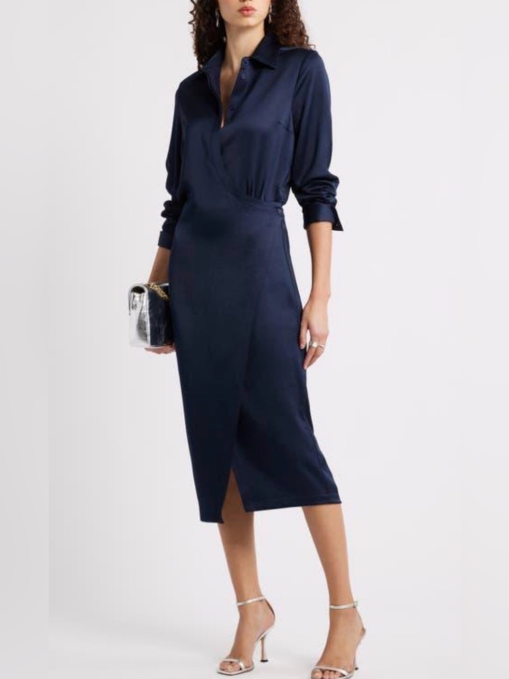 Nordstrom Long Sleeve Faux Wrap Satin Shirtdress XS